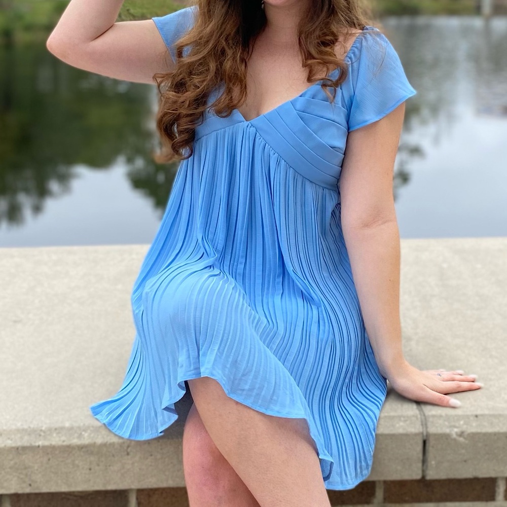 Lulus Amalfi Coast Light Blue Pleated Flutter Sleeve Mini Dress